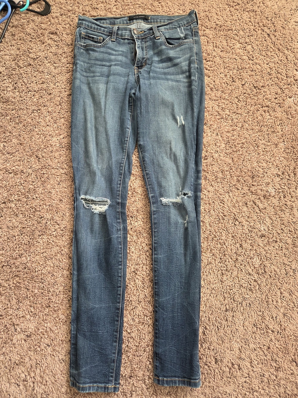 Flying Monkey Skinny Jeans in Mid Blue with Distressed Knees